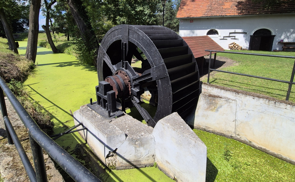 Koło wodne podsiębierne z 1761 roku przed Regionalną Salą Muzealną w Zagwiździu [fot. Barbara Tyslik]