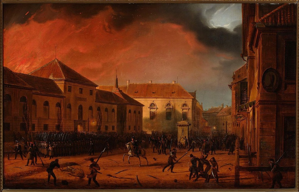 Wzięcie Arsenału – obraz Marcina Zaleskiego przedstawiający walkę pod Arsenałem w nocy z 29 na 30 listopada 1830 roku. [Domena publiczna, https://commons.wikimedia.org/w/index.php?curid=43386385]