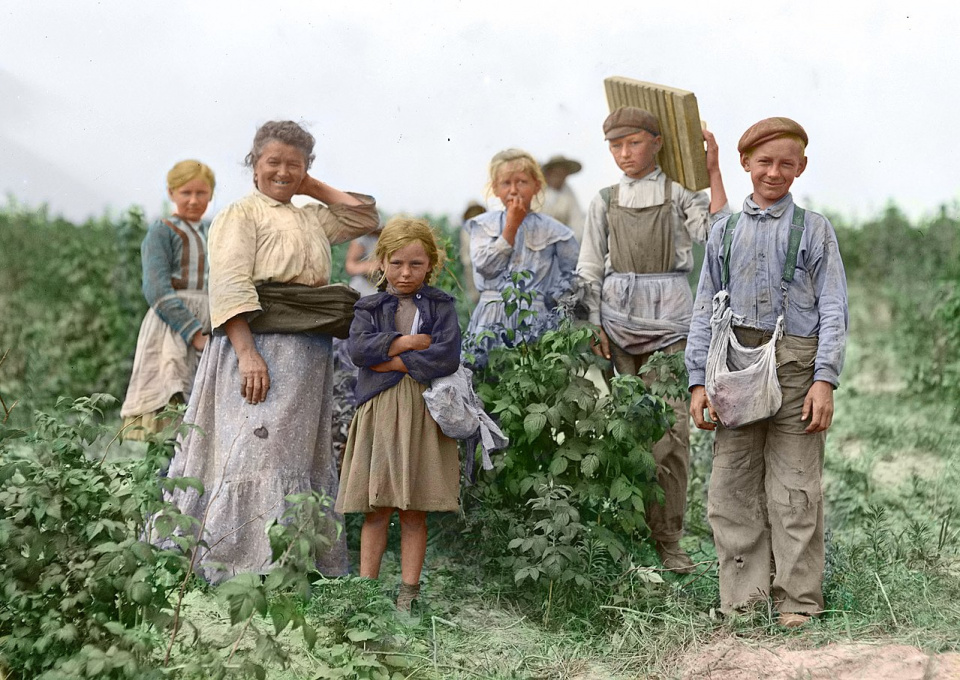 Polska rodzina pani Bissie pracująca na farmie w okolicy Baltimore (USA) w 1909, zdjęcie ręcznie kolorowane [fot. Lewis Hine, coloured by Robek - Own work based on public domain photo / domena publiczna]