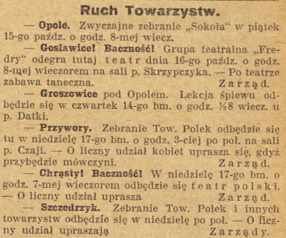 Opole (Gosławice, Groszowice), Przywory, Chrząstowice, Szczedrzyk, Gazeta Opolska (14.10.1920)
