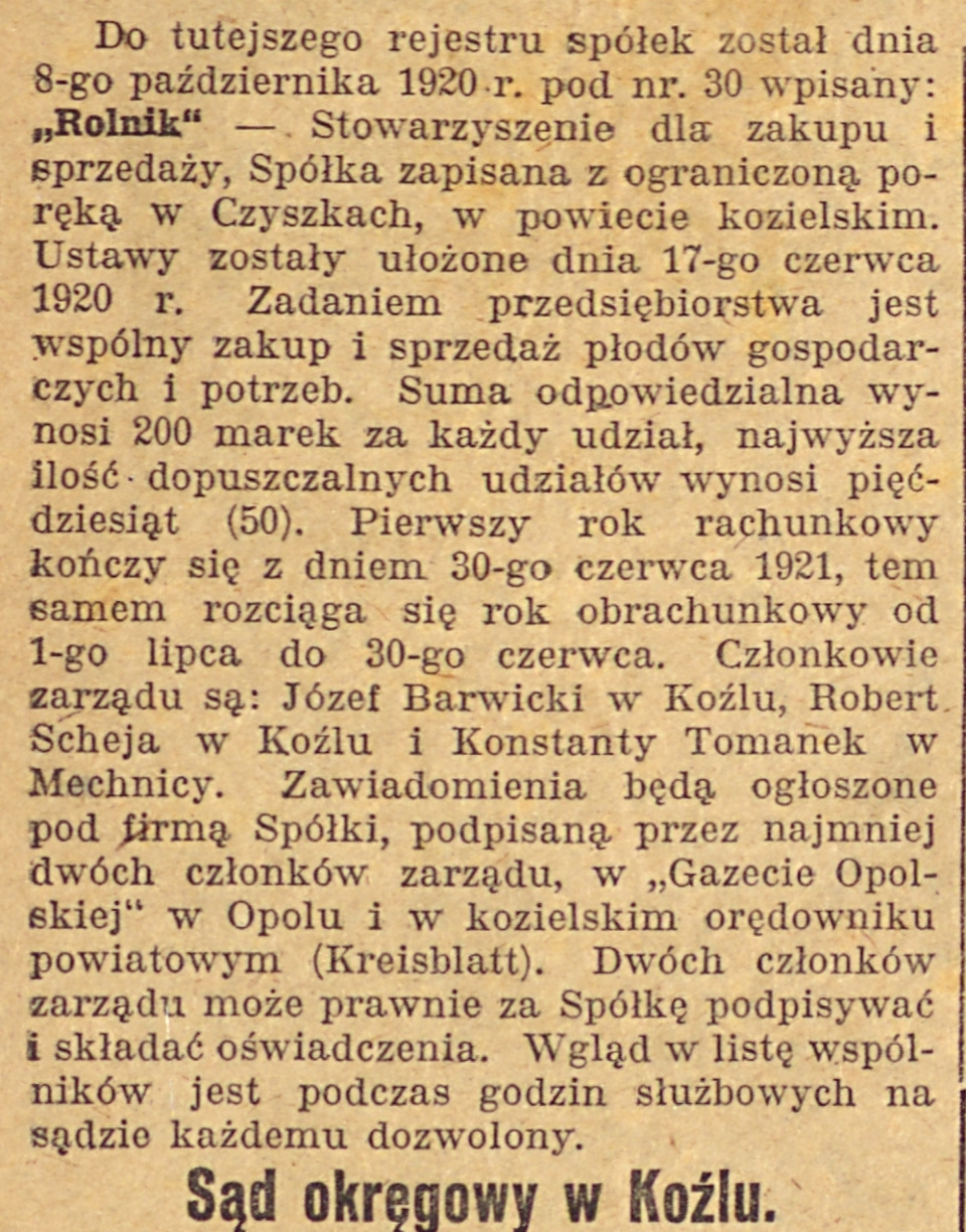 Cisek, Kędzierzyn-Koźle, Gazeta Opolska (21.10.1920)
