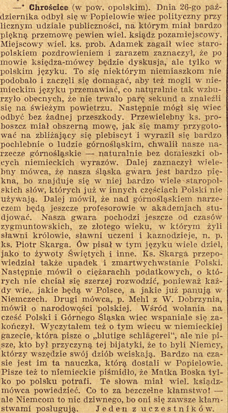 Chróścice, Gazeta Opolska (09.11.1920)
