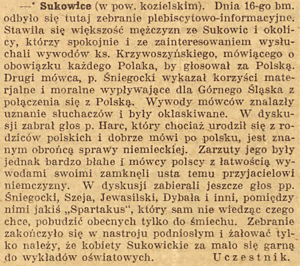 Sukowice, Gazeta Opolska (30.11.1920)