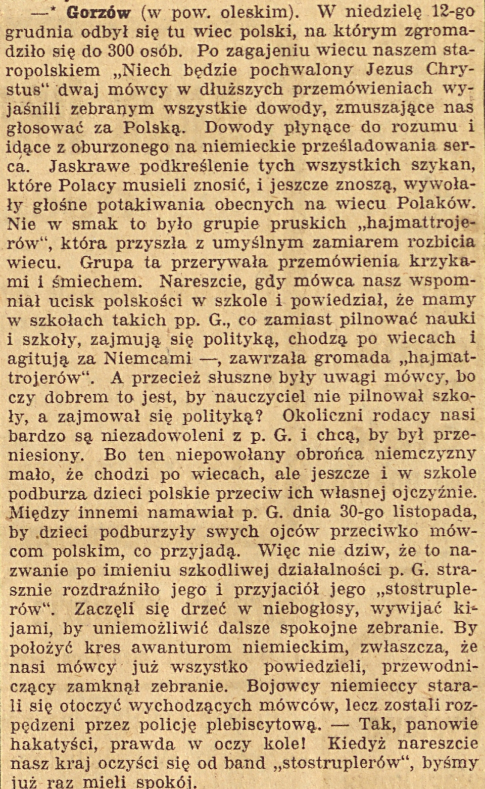 Gorzów Śląski, Gazeta Opolska (15.12.1920)