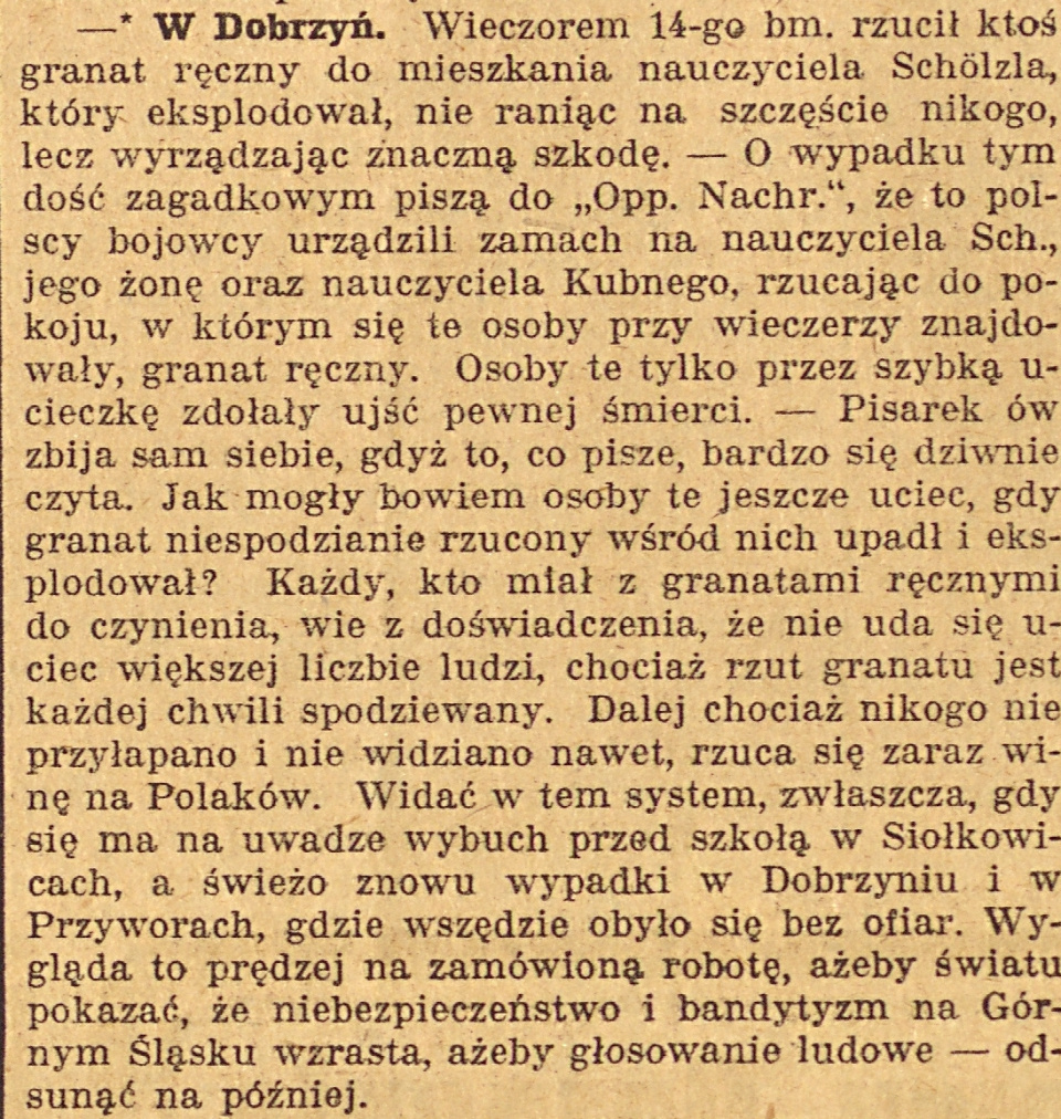 Dobrzeń Wielki, Gazeta Opolska (22.12.1920)
