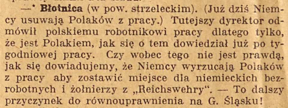 Błotnica Strzelecka, Gazeta Opolska (30.12.1920)