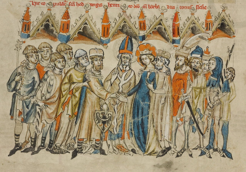 Ślub Henryka I Brodatego z Jadwigą, obraz z XIV wieku [Rys. wikipedia/domena publiczna]