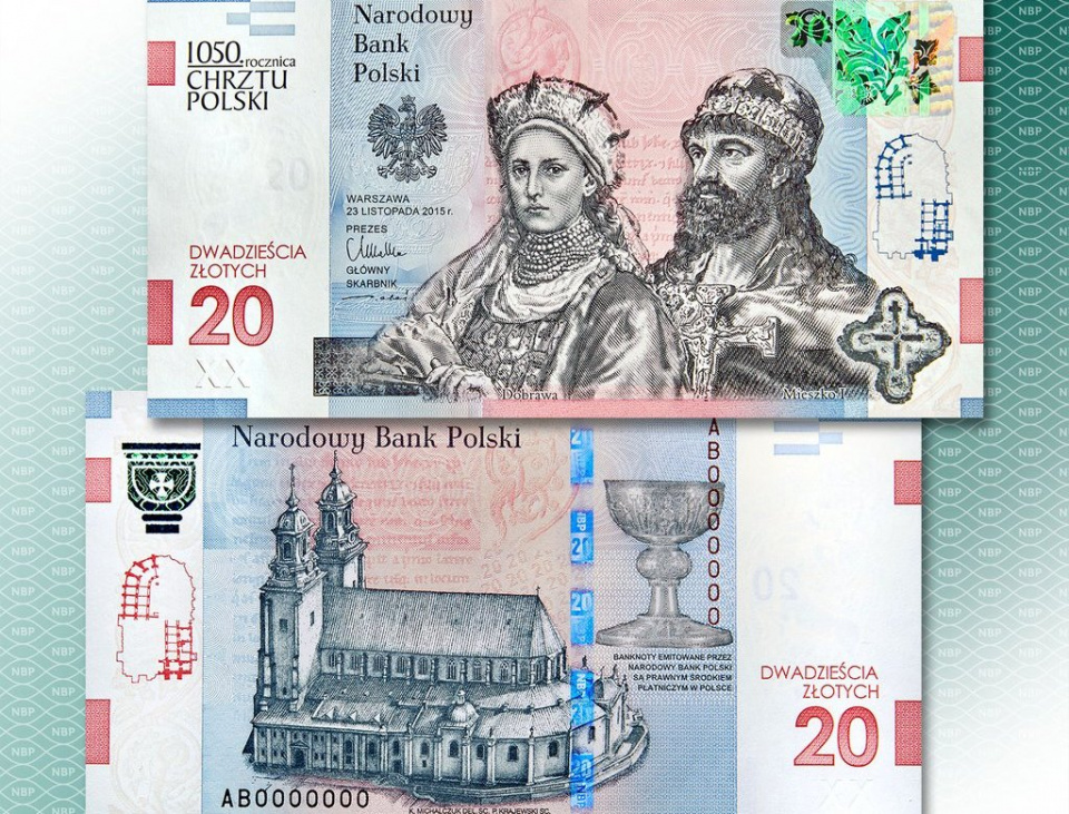 Banknot kolekcjonerski z okazji 1050. rocznicy chrztu Polski [materiał Narodowego Banku Polskiego]