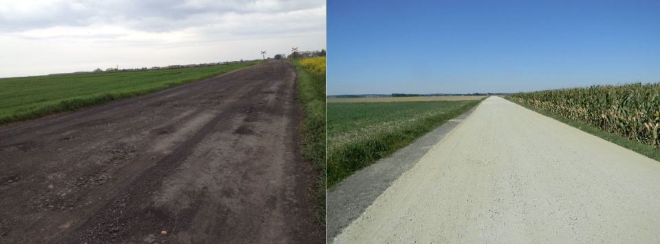 Droga w Żarowie - przed i po inwestycji [fot.Maciej Stępień, Starostwo Powiatowe w Nysie]