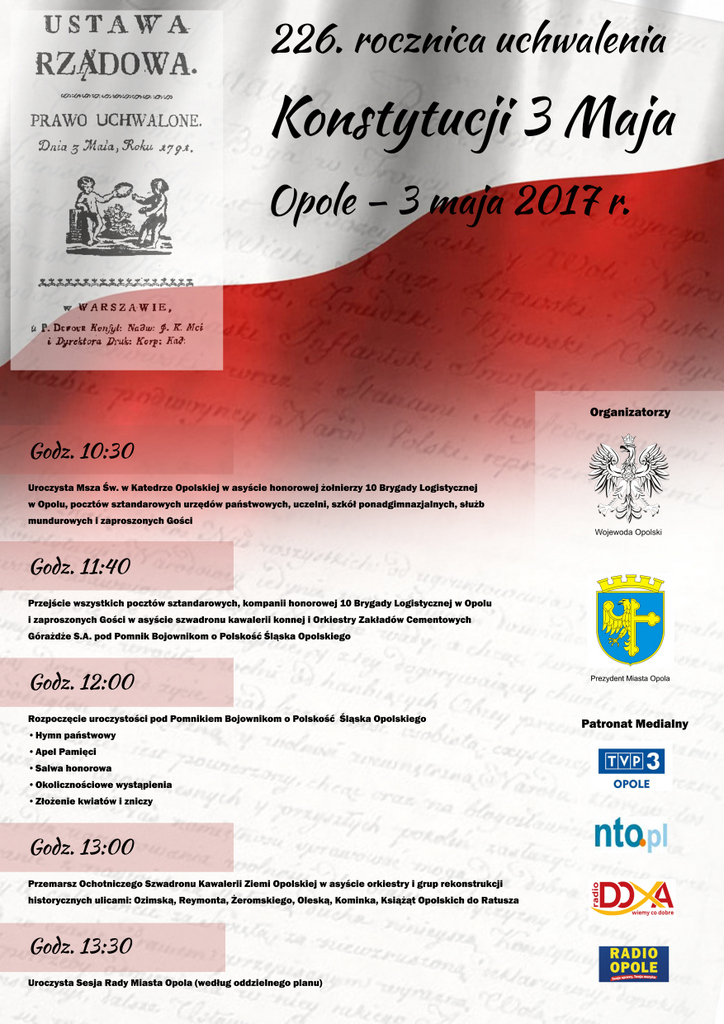 226. rocznica uchwalenia Konstytucji 3 Maja - zobacz program obchodów w Opolu