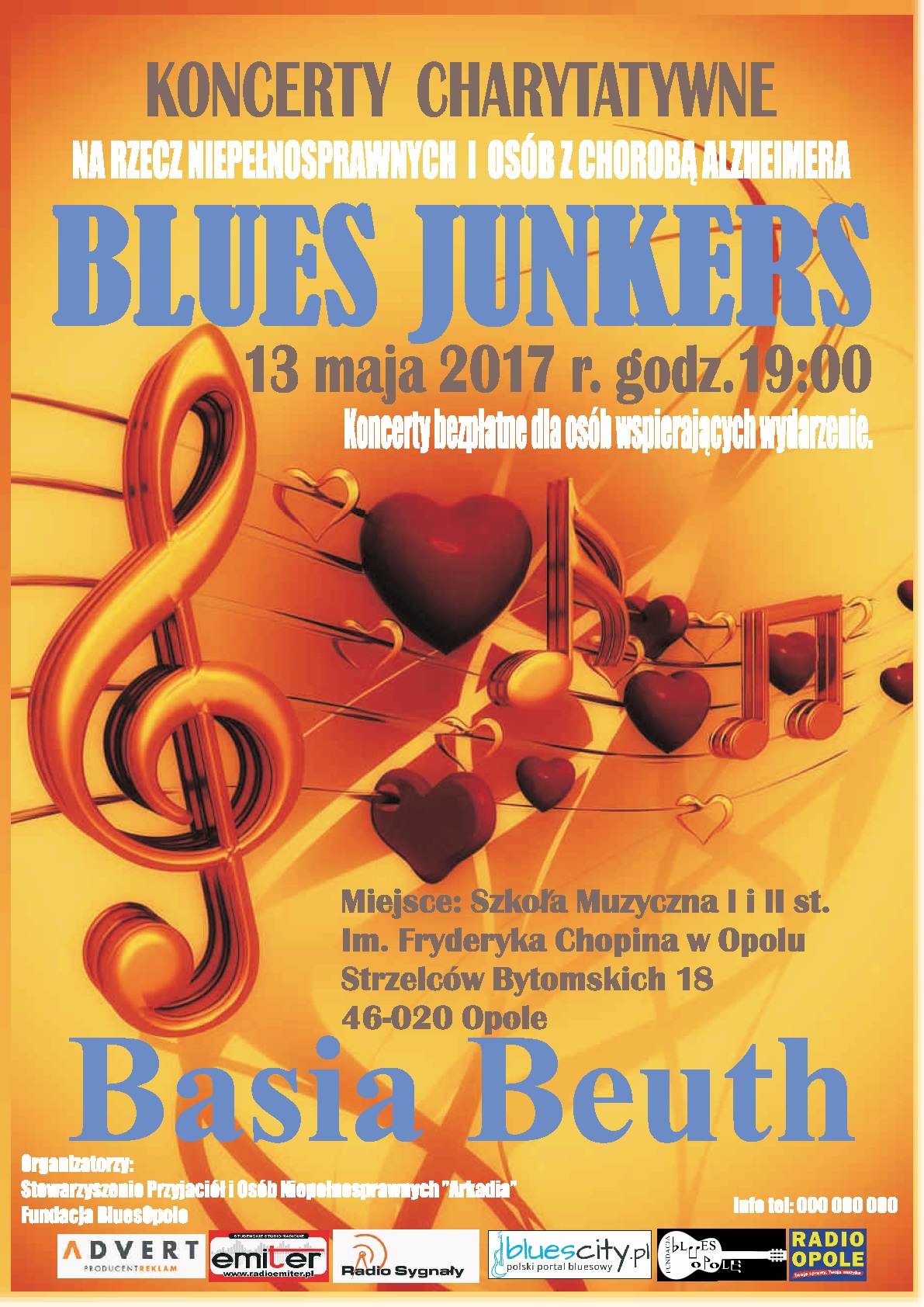 Plakat koncertu charytatywnego Blues Junkers i Basia Beuth [materiały organizatora]