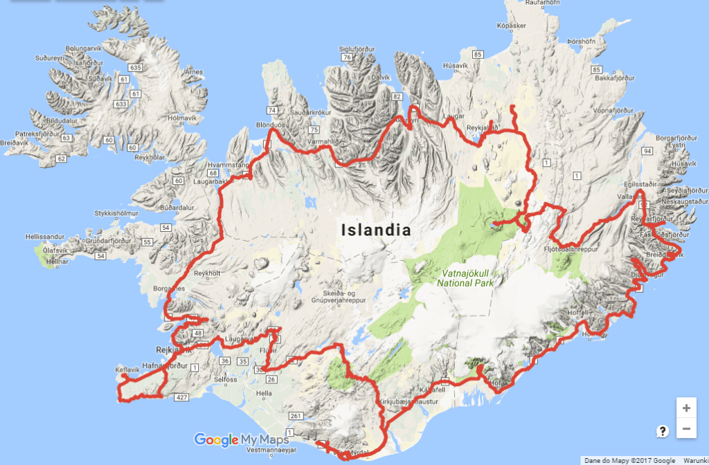 Mapka z zaplanowaną trasą wyprawy 'Rowerem przez krainę lodu i ognia. Islandia 2017'