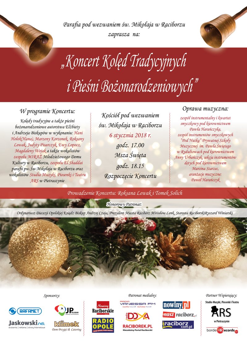 Już po raz siedemnasty w kościele pw. Świętego Mikołaja w Raciborzu odbędzie się świąteczny koncert kolęd tradycyjnych i pieśni bożonarodzeniowych autorstwa Elżbiety i Andrzeja Biskupów