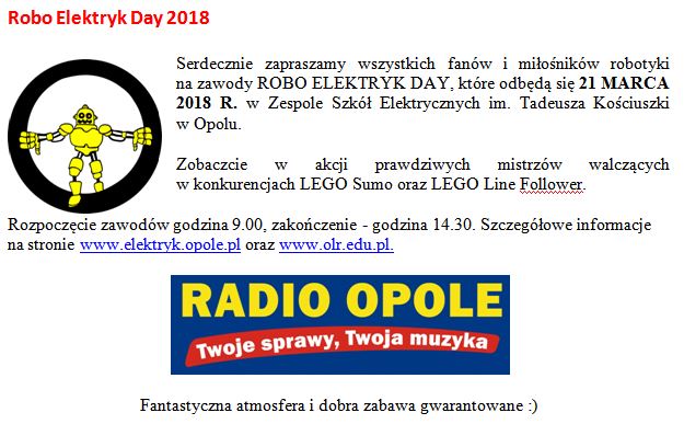 Zawody robotów Robo Elektryk Day 2018 w środę (21.03) w ZSE w Opolu
