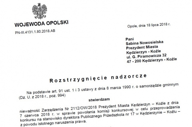 Prezydent Kędzierzyna-Koźla zaskarży do sądu decyzję wojewody w sprawie przedszkolnego konkursu