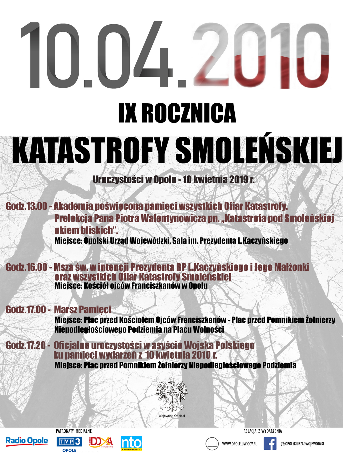 Program uroczystości obchodów IX rocznicy Katastrofy Smoleńskiej w Opolu 10 kwietnia 2019