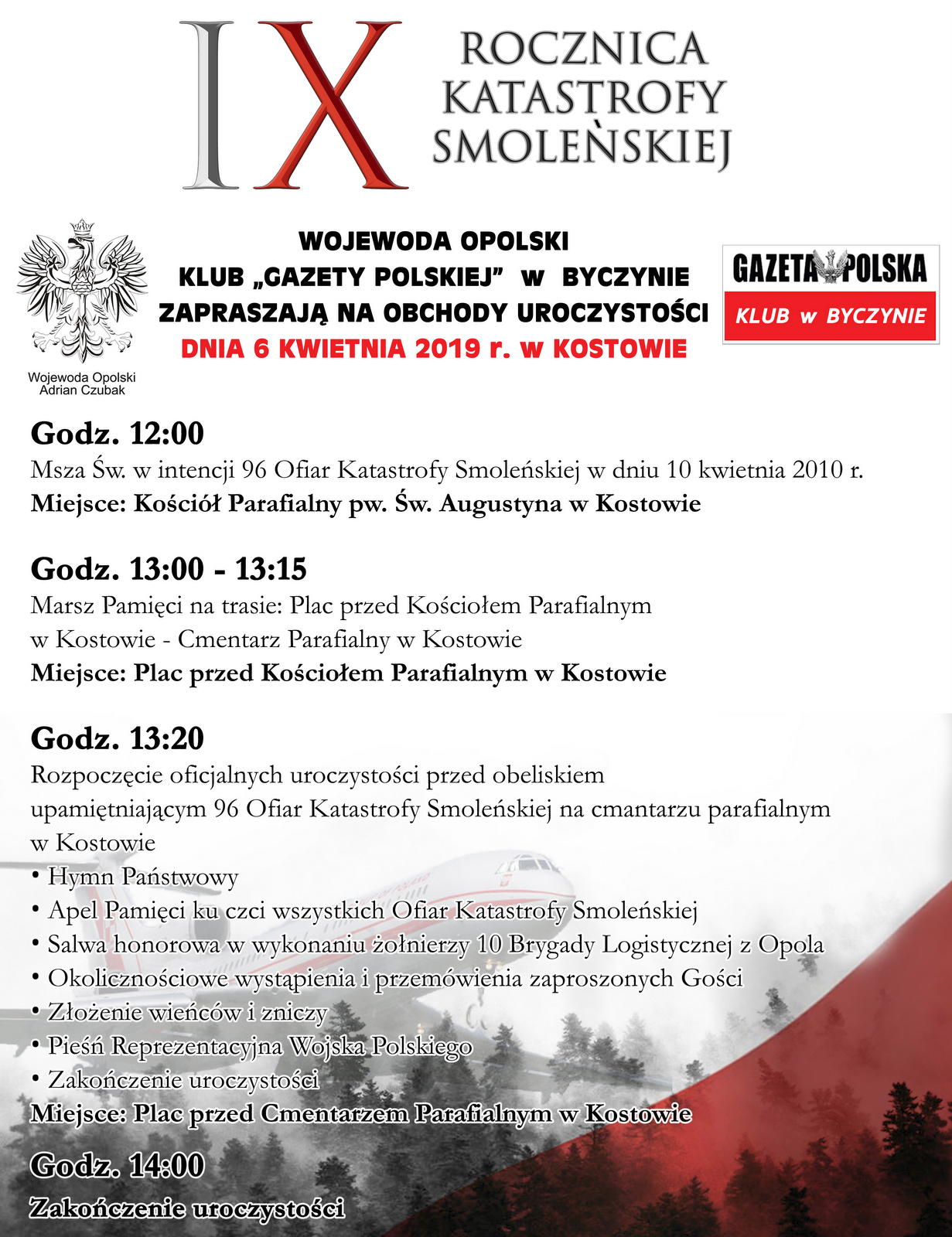 Program uroczystości obchodów Katastrofy Smoleńskiej w Kostowie 6 kwietnia 2019 r.