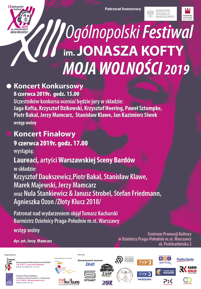 Zbliża się XIII Ogólnopolski Festiwal im. Jonasza Kofty „Moja Wolności” 2019 – wciąż można zgłosić swój udział w konkursie! [materiały organizatora]