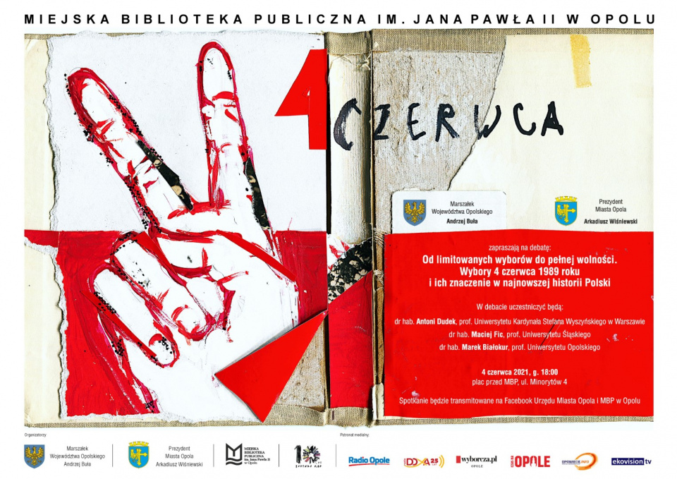 Plakat dotyczący debaty 4 czerwca przed MBP w Opolu