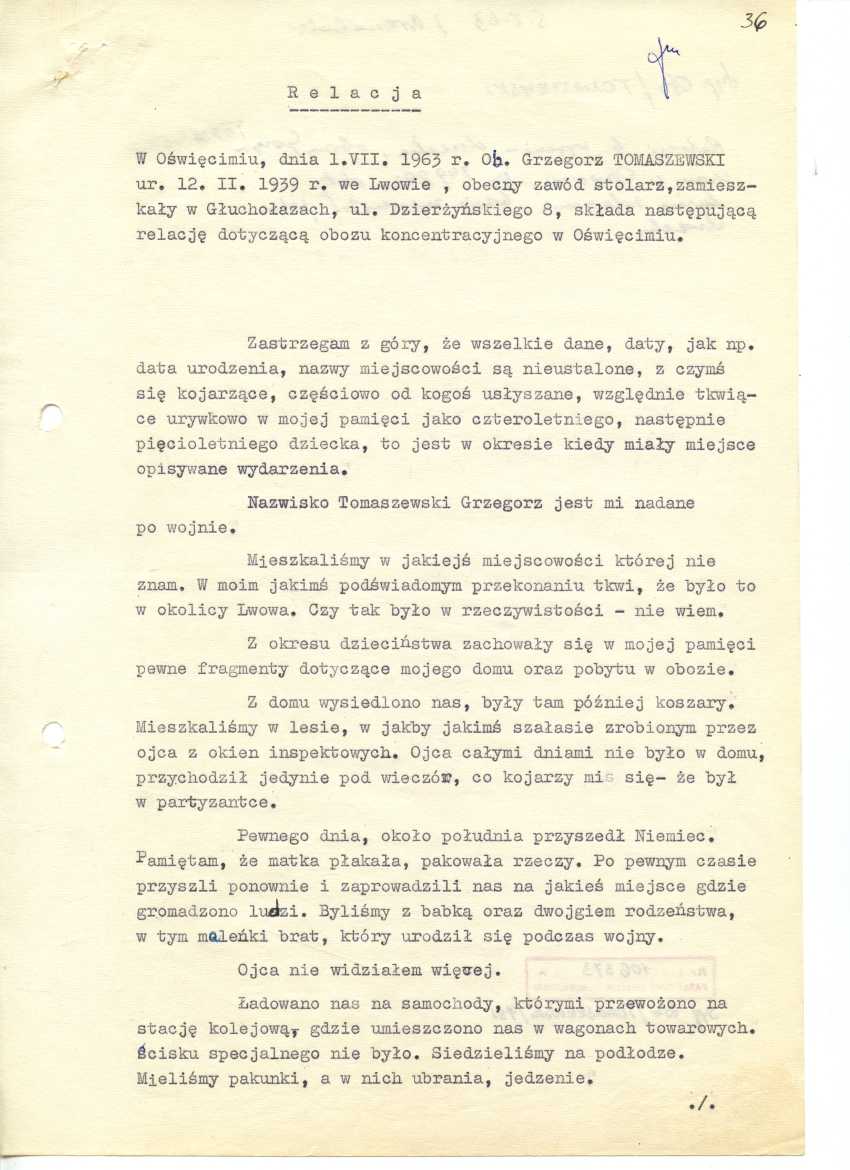 Relacja Grzegorza Tomaszewskiego spisana w 1963 roku [Źródło: Archiwum Muzeum Auschwitz-Birkenau]