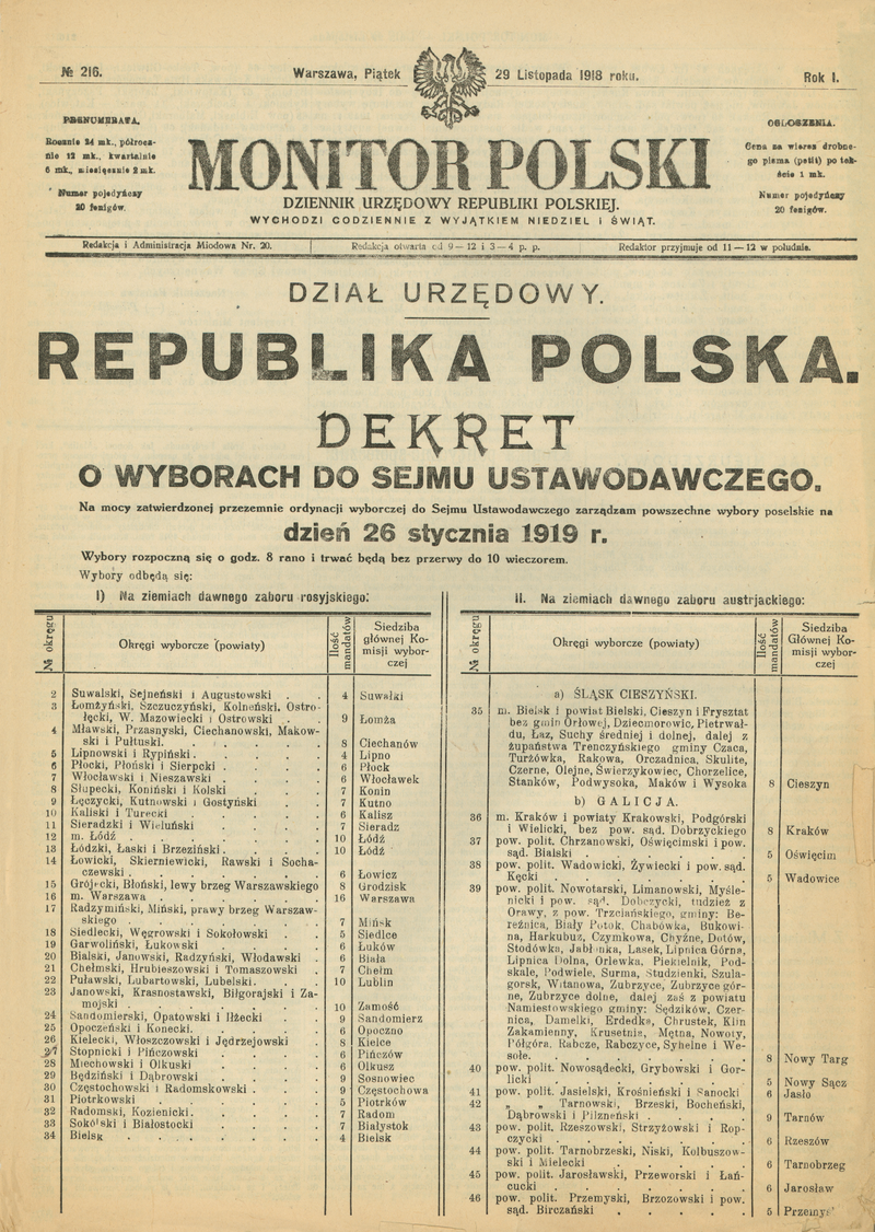 Dekret o wyborach do Sejmu Ustawodawczego opublikowany w Monitorze Polskim (str.1)