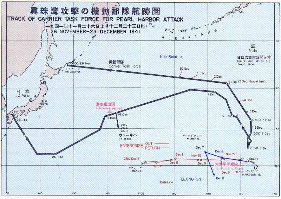 Marszruta japońskiego zespołu uderzeniowego Kidō Butai w drodze do i z Pearl Harbor.