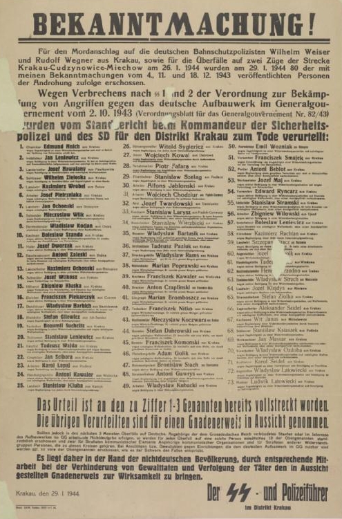 Obwieszczenie Dowódcy SS i Policji na dystrykt krakowski informujące o skazaniu na śmierć 73 Polaków, w tym czterech pod zarzutem pomocy Żydom. Rok 1944 [źródło: www.wikipedia.pl]