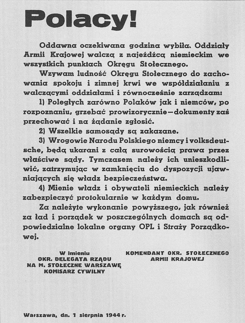 Odezwa władz powstańczych rozplakatowana na ulicach miasta 1 sierpnia 1944 [www.wikipedia.pl]