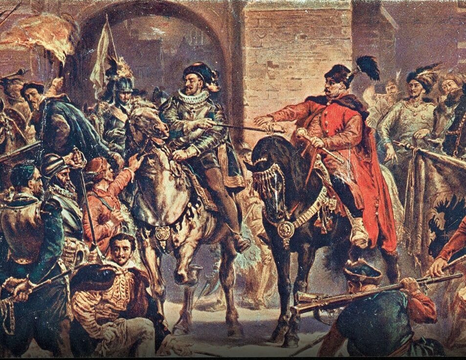 Jan Matejko: Hetman Jan Zamoyski i Maksymilian Habsburg po bitwie pod Byczyną.