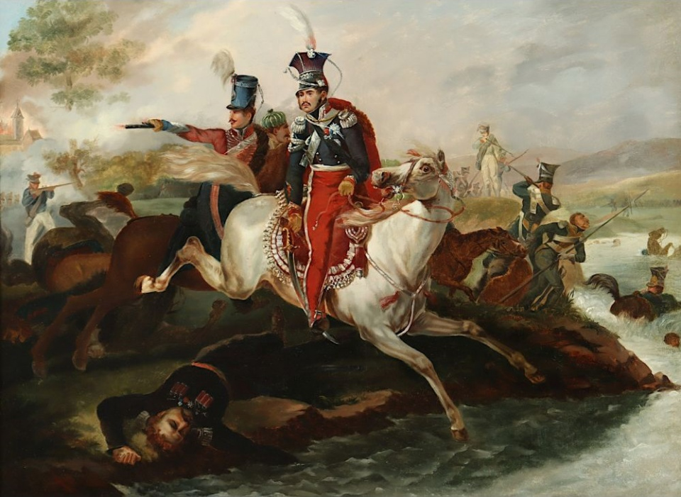 Śmierć Józefa Poniatowskiego w bitwie pod Lipskiem autorstwa nieznanego malarza inspirowanego dziełem Horacego Verneta.