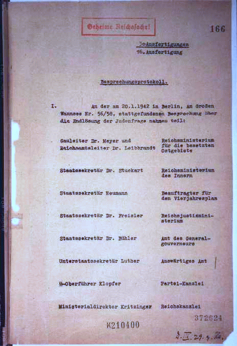 Strona tytułowa protokołu Konferencji w Wannsee z listą nazwisk uczestników [http://www.ghwk.de/deut/proto.htm, dla wikipedia]