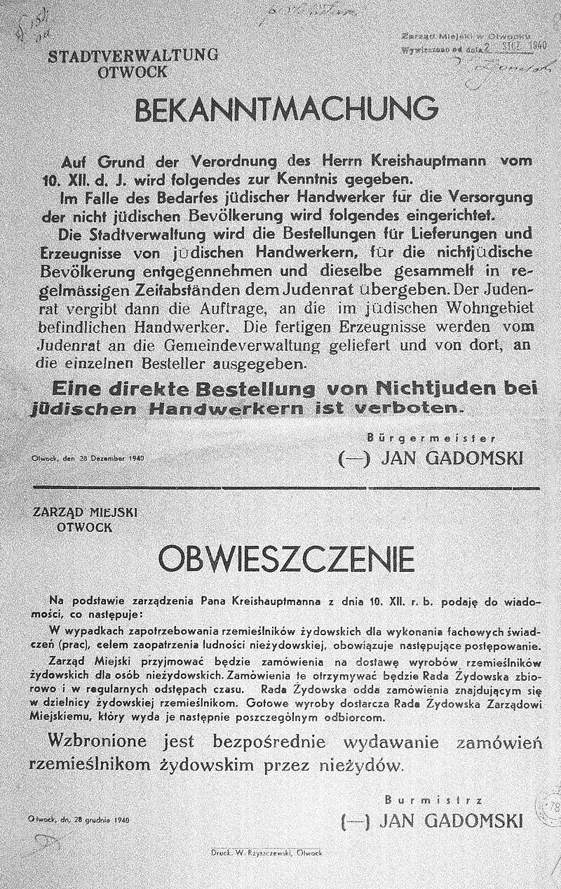 Obwieszczenie burmistrza Jana Gadomskiego o zapotrzebowaniu na rzemieślników żydowskich, 28 grudnia 1940 [fot. domena publiczna]