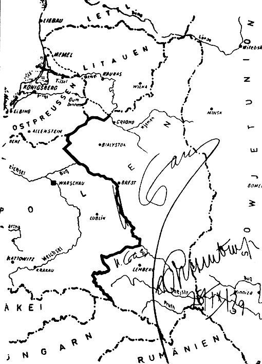 Mapa ostatecznego rozdzielenia Polski pomiędzy III Rzeszę a ZSRR z 28.09.1939 r. z wytyczoną linią graniczną. Podpisy za zgodność: Stalin, Ribentropp [fot. domena publiczna]