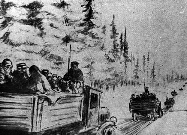 Transport więźniów ciężarówkami w okolicy Kotłasu w lutym 1940 r. Rys. nieznanego łagiernika [fot. ipn.gov.pl]