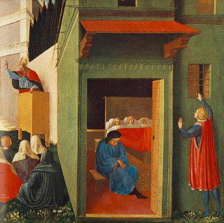 Scena z Trzech córek. Święty Mikołaj wrzuca przez okno pieniądze na posag dla córek sąsiada. Tempera na desce Fra Angelico z 1437 roku.