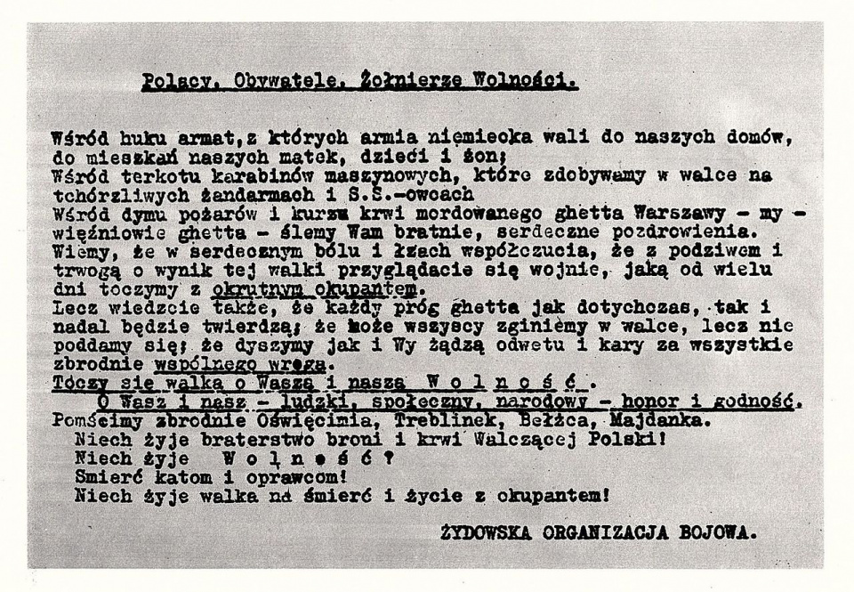Odezwa ŻOB wystosowana do ludności polskiej podczas powstania w getcie warszawskim 23 kwietnia 1943 [fot. domena publiczna]