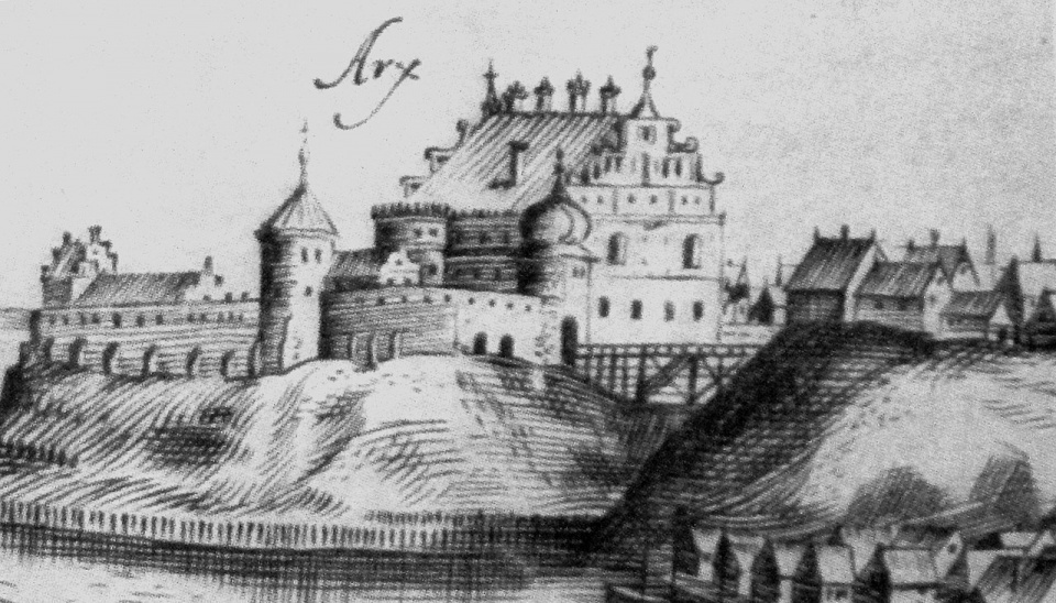 Zamek około 1600 roku na rycinie Makowskiego. [Rys. wikipedia/domena publiczna]