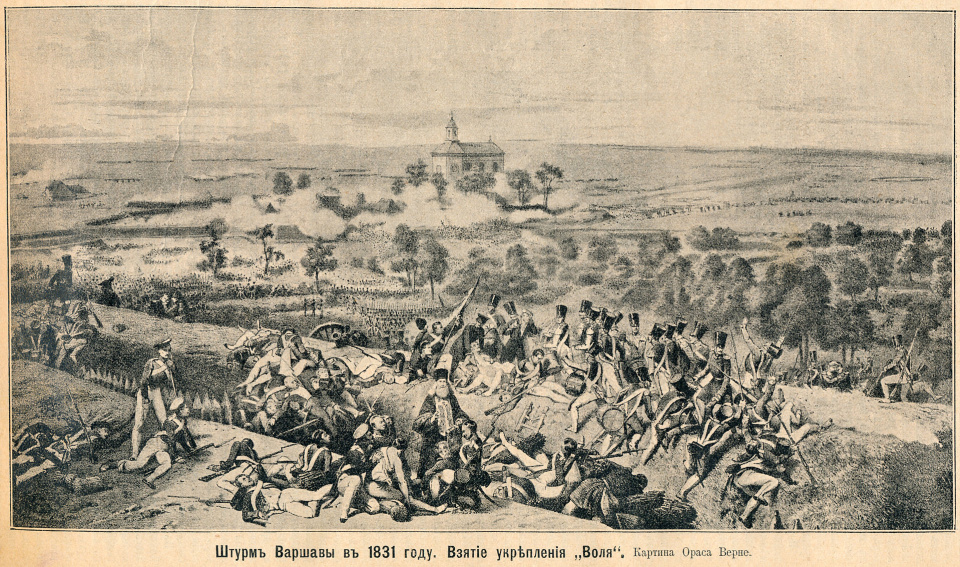 Szturm Woli przez wojska rosyjskie (według obrazu Horacego Verneta) [rys. wikipedia/domena publiczna]