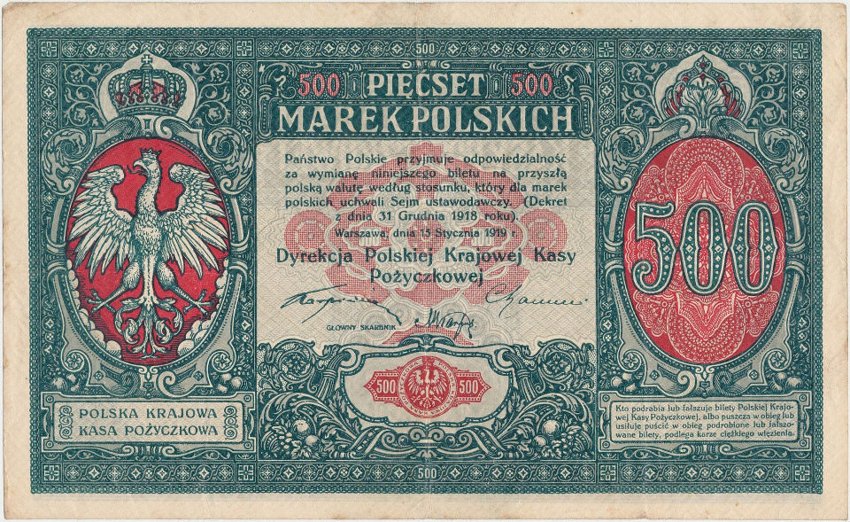 500 marek polskich 1919 styczeń awers [wikipedia/domena publiczna]