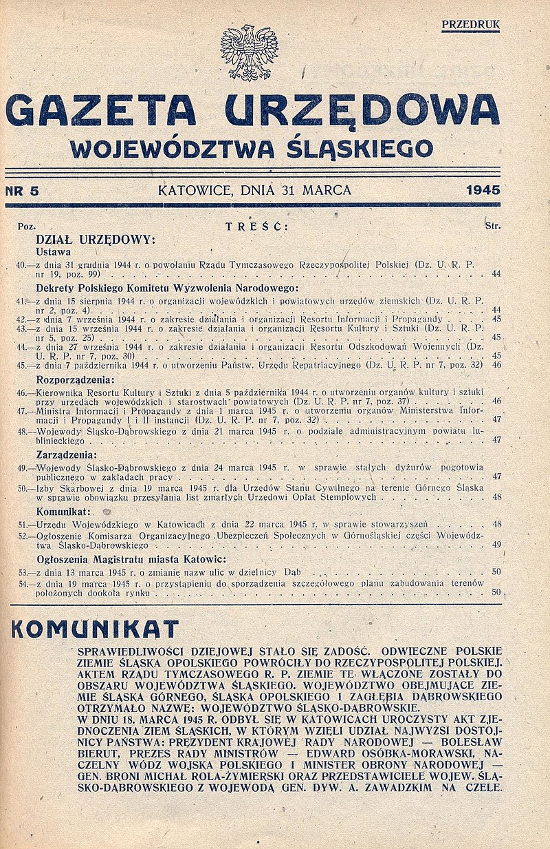 Odezwa o przyłączeniu Śląska Opolskiego do Polski (1945) [www.wikipedia.pl]