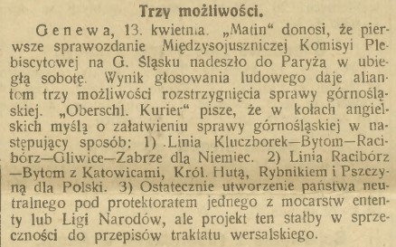 Kluczbork-Bytom-Racibórz-Gliwice-Zabrze-Katowice-Królewska Huta-Rybnik-Pszczyna, Głos Śląski (14.04.1921)