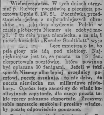 Wielmierzowice, Goniec Śląski (14.04.1921)