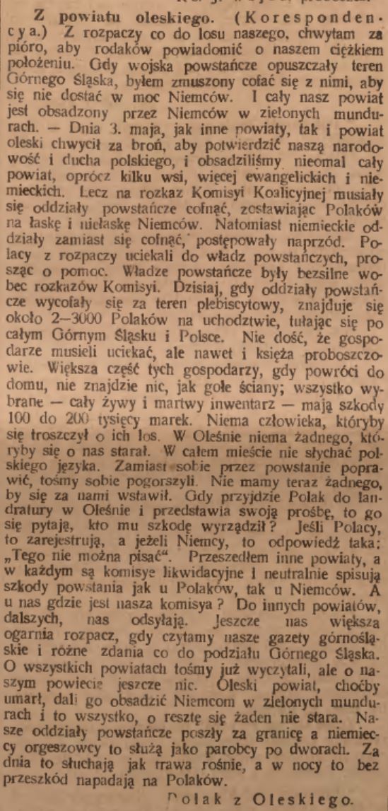 Oleski powiat, Katolik (26.07.1921)