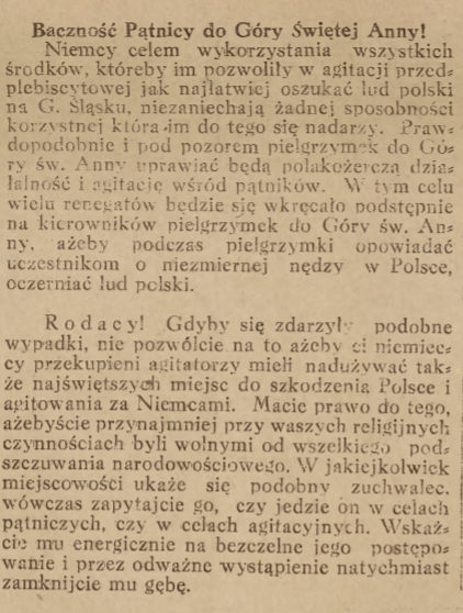 Góra Św. Anny, Nowiny Codzienne (12.08.1920)