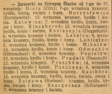 Biała, Borzysławice, Katowice, Kluczborek, Koziaszyja, Leśnica, Lubliniec, Mikołów, Odmuchów, Popielów, Prudnik, Pruszków, Pszczyna, Racibórz, Ścinawa, Szurgoszcz, Górnoślązak (31.08.1922)