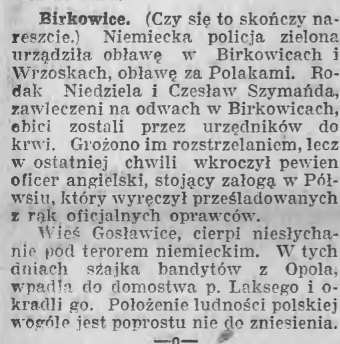 Birkowice, Goniec Śląski (06.10.1921)