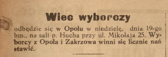 Opole, Zakrzów, Nowiny Codzienne (18.10.1919)