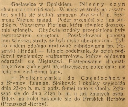 Opole (Gosławice), Brynica, Łubniany, Siołkowice, Górnoślązak (20.10.1920)