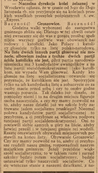 Groszowice (Opole), Nowiny Codzienne cz.2 (08.11.1919)