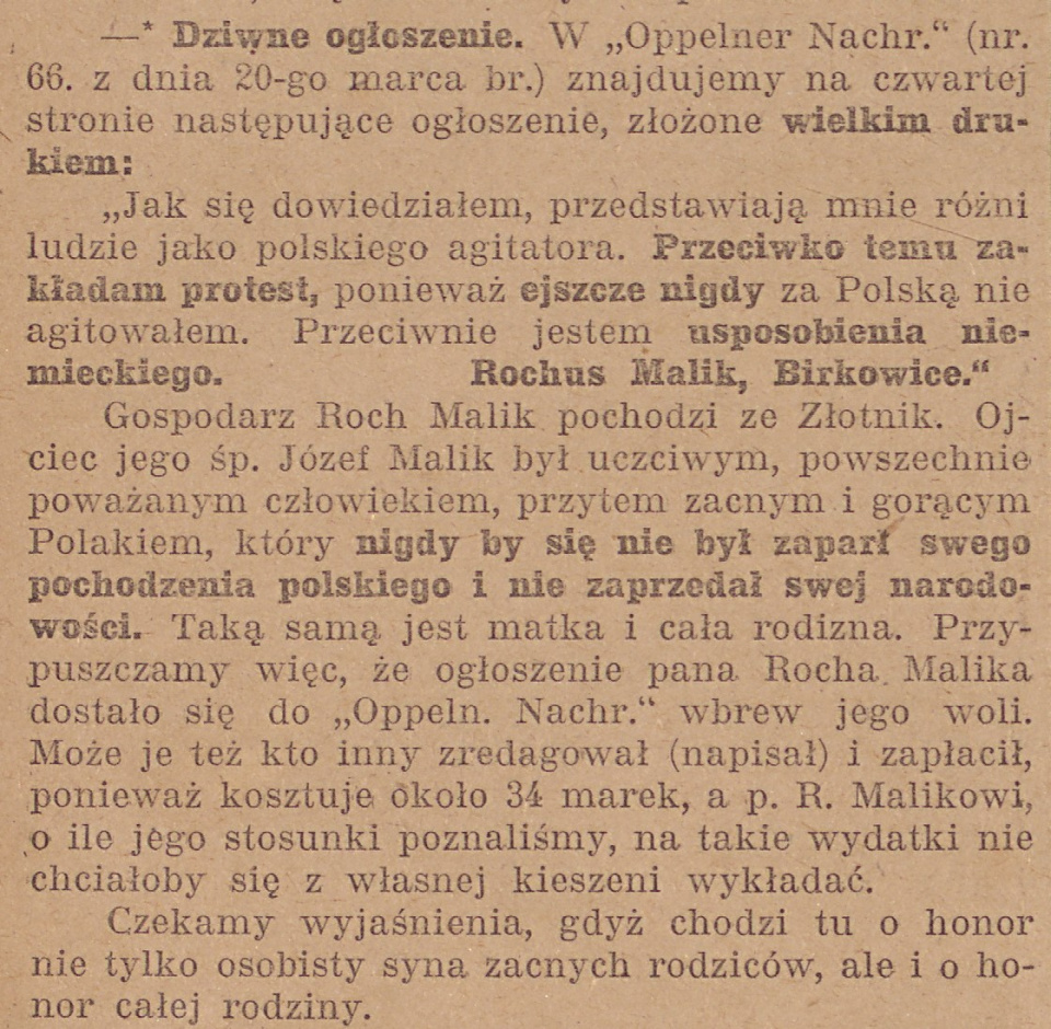 Opole (Bierkowice), Gazeta Opolska (22.03.1920)